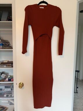 Ribbed Long-Sleeve Cutout Maxi Dress in Rust